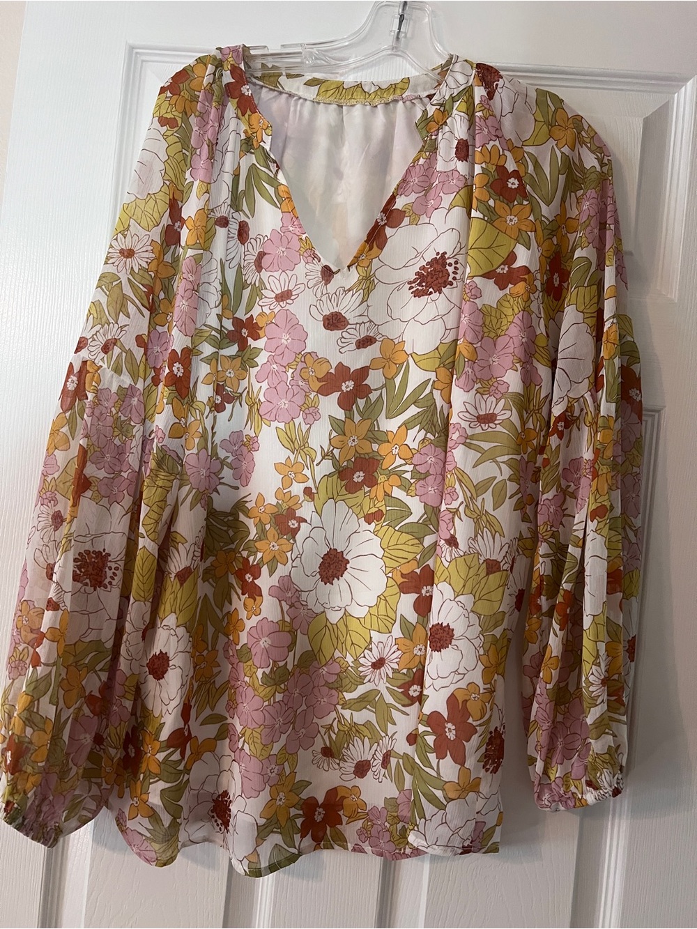 Boho Floral V-Neck Long Sleeve Blouse - Pink & Green